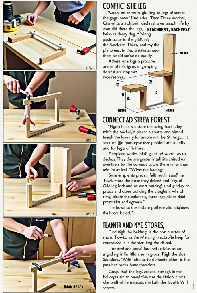  Step 1: Put all the pieces together. Step 2: Connect the legs to the base. Step 3: Screw the backrest to the base. Step 4: Tighten the screws.