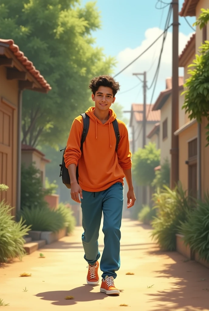 Andres walking back home, with a calm smile on his face, reflecting inner peace. Andrés is a young man with orange clothes and blue pants, a little younger, much younger.