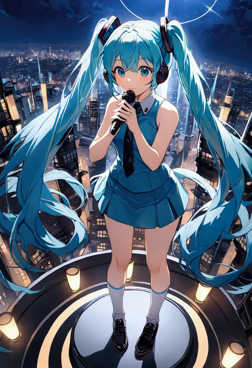 (Hatsune Miku,Light blue hair,Twin tails,No sleeve,tie,mini skirt,socks),((Blue is the predominant color)),(Future city at night,Night view),(Standing at the top of the tower,Cool look,singing,Holding a microphone)