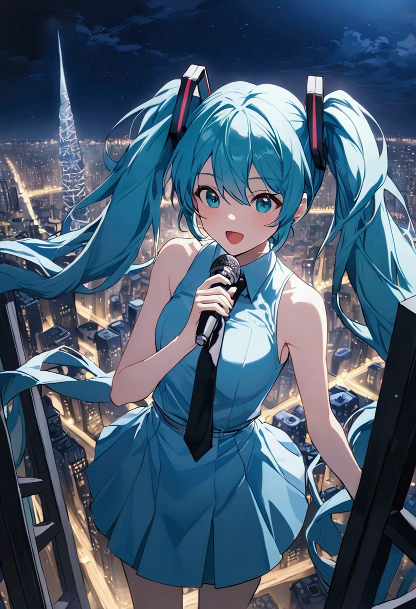 (Hatsune Miku,Light blue hair,Twin tails,No sleeve,tie,mini skirt,socks),((Blue is the predominant color)),(Future city at night,Night view),(Standing at the top of the tower,Cool look,singing,Holding a microphone)