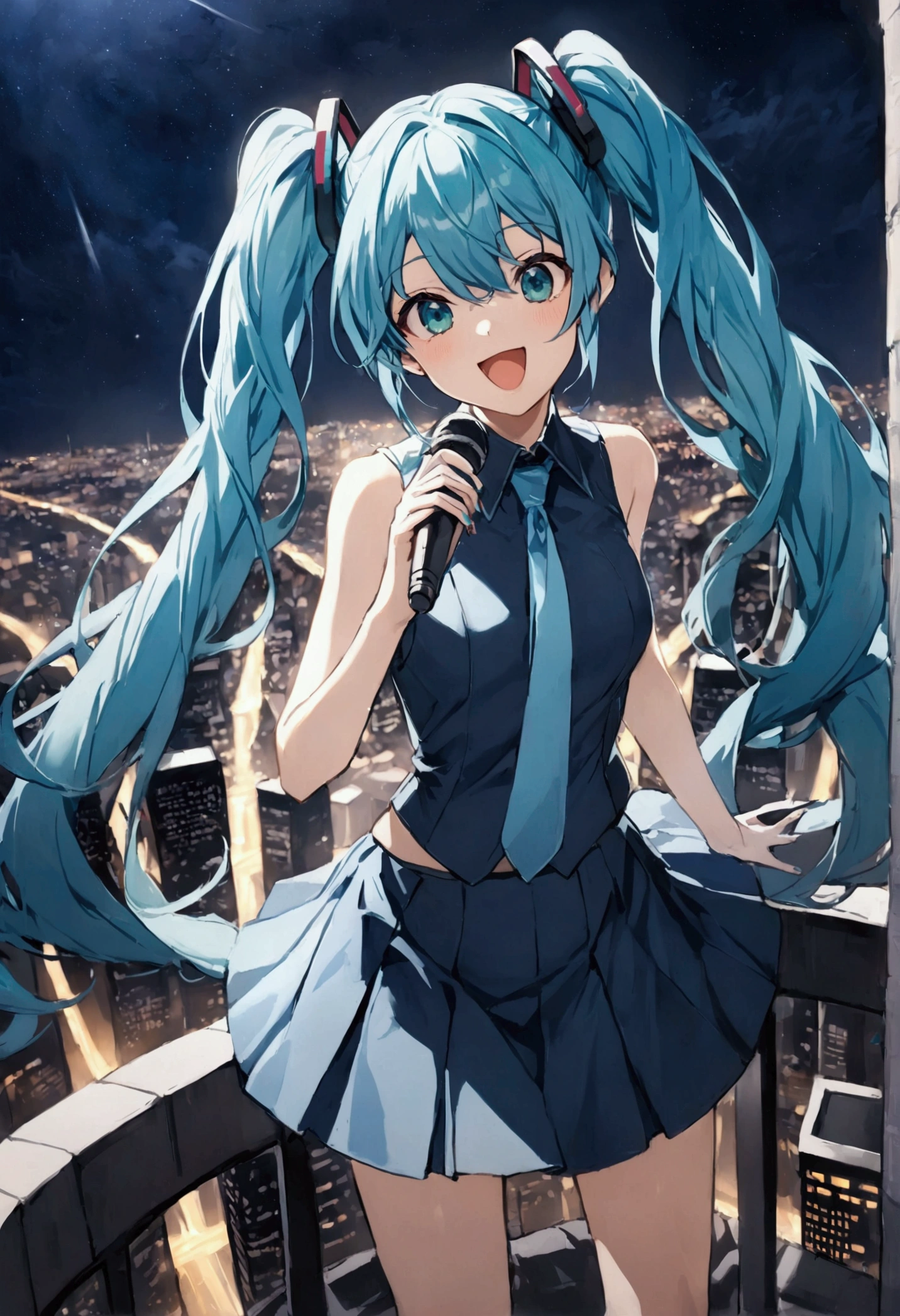 (Hatsune Miku,Light blue hair,Twin tails,No sleeve,tie,mini skirt,socks),((Blue is the predominant color)),(Future city at night,Night view),(Standing at the top of the tower,Cool look,singing,Holding a microphone)
