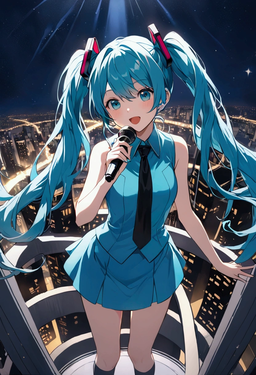 (Hatsune Miku,Light blue hair,Twin tails,No sleeve,tie,mini skirt,socks),((Blue is the predominant color)),(Future city at night,Night view),(Standing at the top of the tower,Cool look,singing,Holding a microphone)