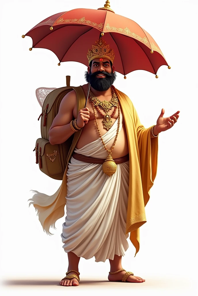 The image depicts a cheerful, regal figure with a large build. He is adorned in traditional attire, featuring a white and gold dhoti and a shawl draped over his shoulders. The figure wears numerous gold ornaments, including necklaces, bracelets, and a crown with intricate detailing. He holds a large umbrella in one hand, a symbol of royalty, and raises his other hand in a gesture of blessing or greeting. His expression is warm and welcoming, with a broad smile and wide eyes.He have no beard and he carries lots of school back.background white.