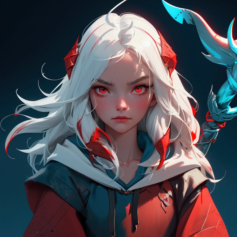 envision a 8k, highres, cinematic, close up portrait of a short and evil Atlantean girl named Gawr Gura with shoulder length white hair with red highlights and red eyes in a blue shark hoodie holding Poseidon's trident against a dark gray background