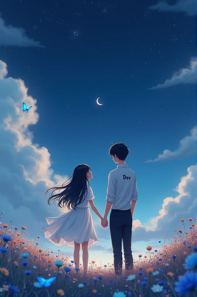 /imagine 1girl, sky, night, 1boy, butterfly, dress, night_sky, holding_hands, outdoors, bug, long_hair, star_(sky), pants, cloud, black_hair, shirt, white_dress, field, moon, starry_sky, flower, looking_at_another, white_shirt, grass, standing, hetero, sleeves_rolled_up, short_hair, black_pants, from_behind, short_sleeves, brown_hair, blue_butterfly, couple, brown_pants, flower_field, collared_shirt, cloudy_sky, scenery
, mention the boy name is DEV which is written in his dress