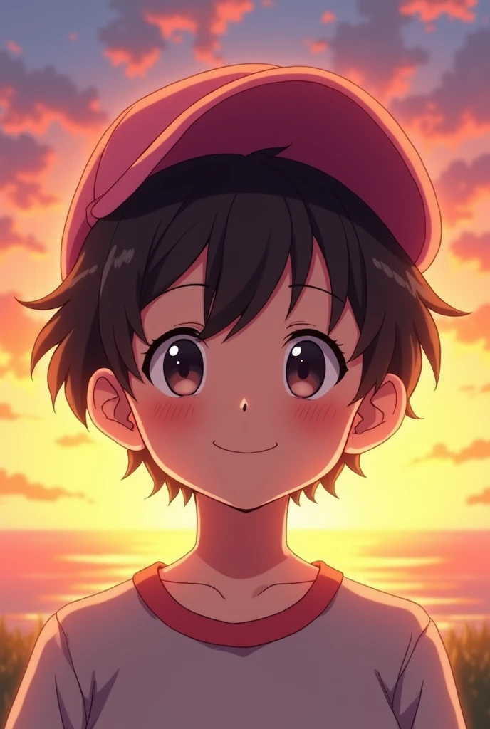 A anime boy with sunset and pink cap and smile