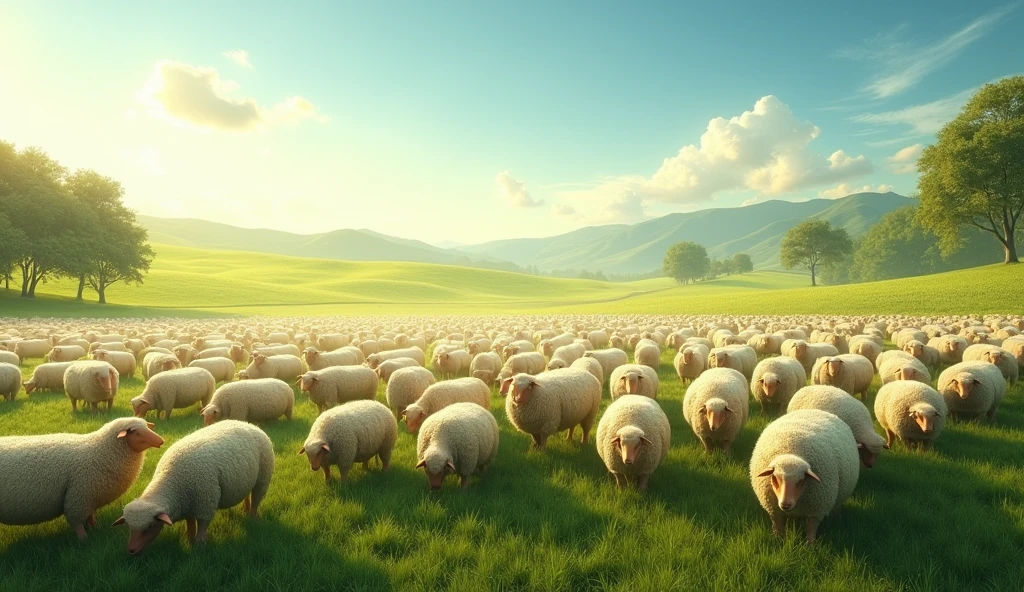 "Create an image of a large flock of sheep grazing in a sunny, green field. The scenery should include gentle hills and trees in the background., with a clear blue sky. Sheep should appear healthy and numerous., symbolizing the abundance of blessings that God bestowed upon Job."