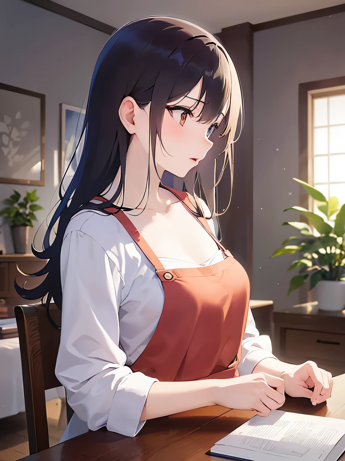 side angle. (looking away:1.5), Upper Body, Realistic, real person, (pale skin: 1.2), RAW photo, photorealistic, shiny skin, shiny hair、(A 2 woman with medium-length hair and bangs) and (wavy hair) and (brown hair) and (orange eyes) , White T-shirt 、Red Apron、open mouth, sad, (blush:1.3), The background is the living room、Alone、Are standing 