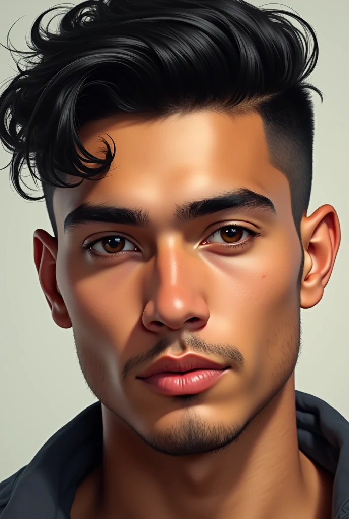 A 2 Colombian man with black hair, brown eyes, light brown skin, pronounced eyebrows and eyelashes with a haircut measuring a fade hairstyle on the side and a somewhat square face