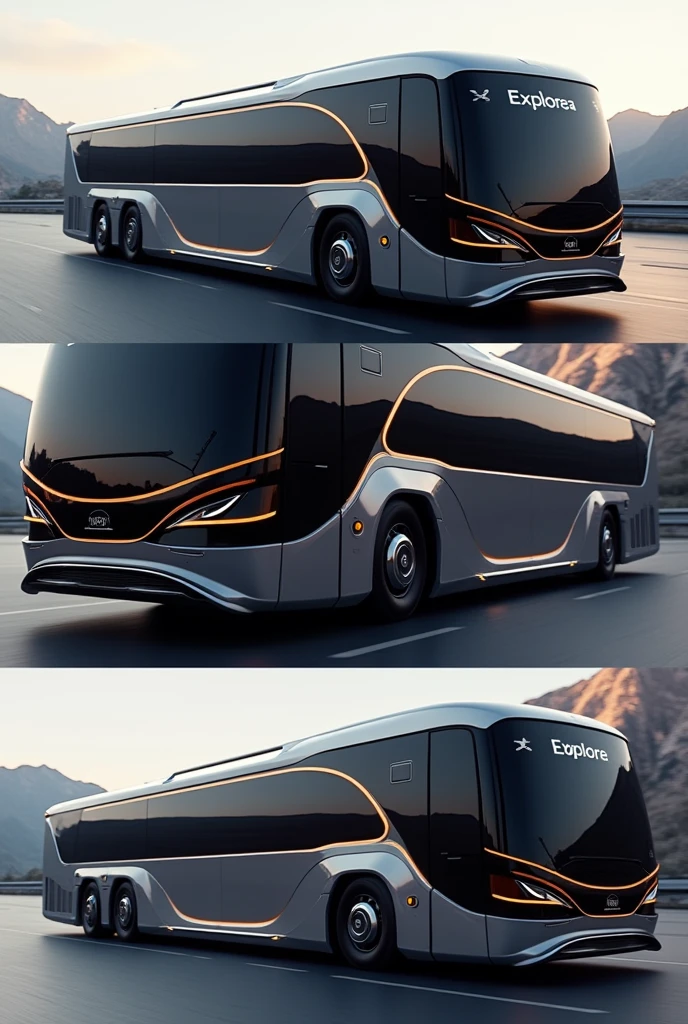Streamlined Aerodynamic Shape:Sleek Profile: Design the bus with a streamlined, aerodynamic profile that minimizes sharp angles and emphasizes smooth, flowing lines. This gives the bus a more refined and sophisticated appearance.Integrated Design Elements: Ensure that design elements, such as air vents and contours, flow seamlessly into the body of the bus, avoiding any disconnected or boxy features.High-Quality Finish:Metallic and Matte Finishes: Use high-quality metallic finishes or matte coatings for the exterior. Consider options like brushed aluminum or metallic graphite for a sleek, modern look.Glossy Accents: Add glossy accents or chrome trim around key features such as windows and the front grille to elevate the overall appearance.Elegant Branding and Logo Placement:Integrated Branding: Place the "Explorea" logo in a refined, sophisticated manner, possibly with backlit or illuminated elements. Ensure the branding is prominent but tastefully integrated into the design.Subtle Textures: Use subtle textures or embossing around the logo and brand name to add depth and elegance.Sophisticated Lighting Design:LED Headlights and Taillights: Use advanced LED lighting with a sleek design for both headlights and taillights. The lighting should be integrated into the bus’s design, with clear, modern lines that enhance the premium feel.Ambient Lighting: Incorporate ambient LED lighting along the lower edges or under the bus to give it a high-end, luxury look, especially during nighttime.Custom Wheel Design:High-End Wheels: Use custom-designed wheels with a premium finish, such as matte black or polished chrome. The wheels should be large and designed to complement the overall aesthetics of the bus.Distinctive Hubcaps: Incorporate distinctive hubcaps with the "Explorea" logo or a unique design that stands out.Advanced Exterior Materials:Composite Materials: Utilize high-quality composite materials for durability and a premium feel. These materials should have a sleek, mode