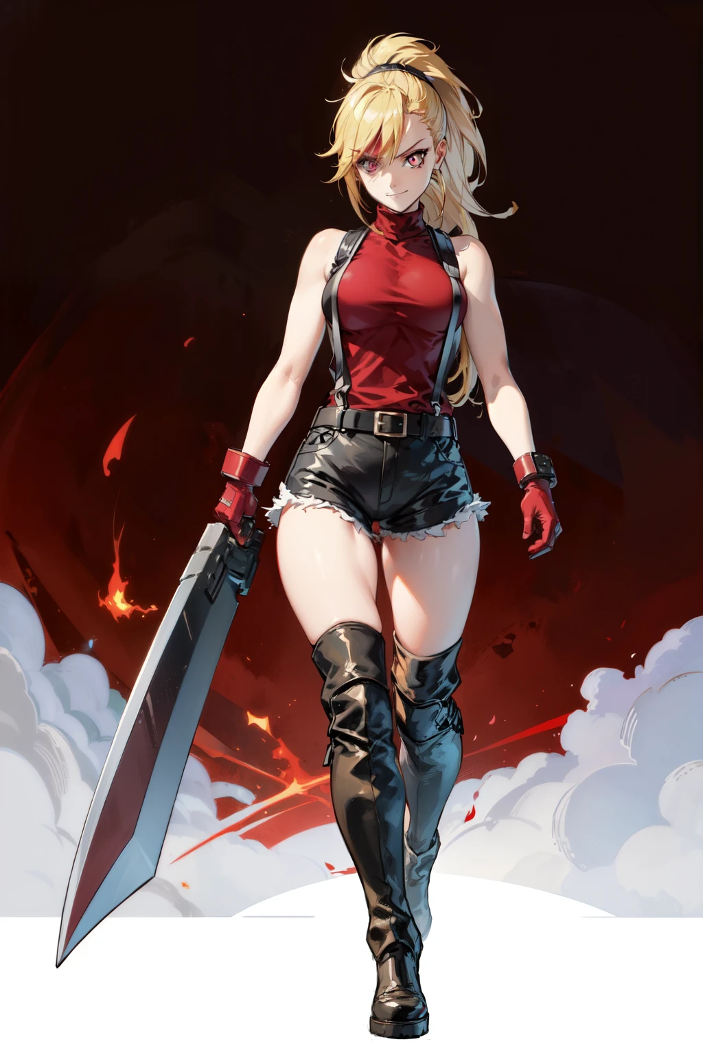 (masterpiece, best quality:1.2), red glowing eyes, red eyes, the eyes are red, perfect face, highres, 1 girl, solo, ultra long ponytail, (female:1.5), strife, blonde hair, shoulder armor, sleeveless turtleneck, suspenders, belt, gloves, bracer, evil smile, standing, portrait, looking at viewer, giant sword on the back, long leather boots, fullbody shot