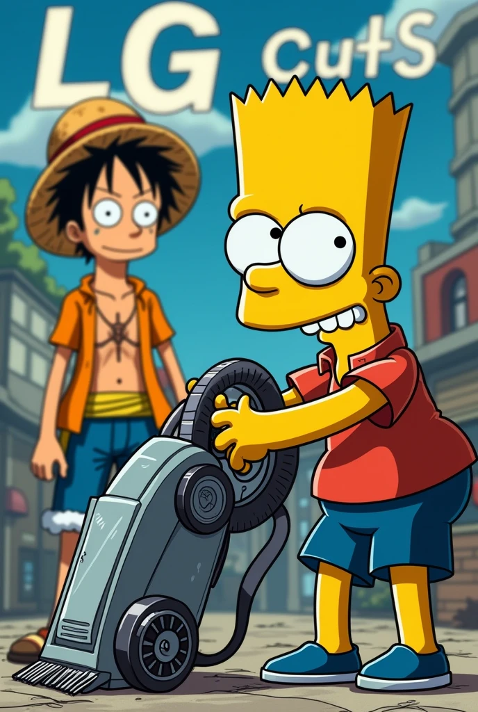 Bart Simpsons with the cutting machine in his right hand cutting Luffy's hair in the background with the words LG cuts written on it