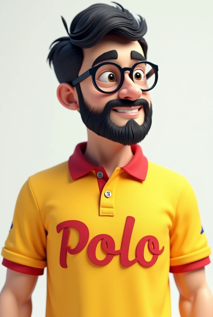 3d image portrait with white background 4 man white skin black hair brown beard glasses large curly text yellow polo shirt with red collar well shaped