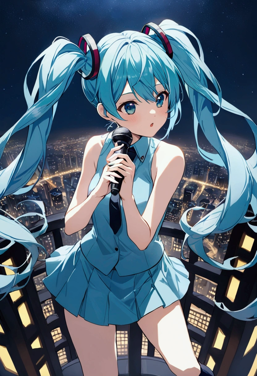 (Hatsune Miku,Light blue hair,Twin tails,No sleeve,tie,mini skirt,socks),((Blue is the predominant color)),(Future city at night,Night view),(Cool pose,Standing at the top of the tower,Cool look,singing,Holding a microphone)