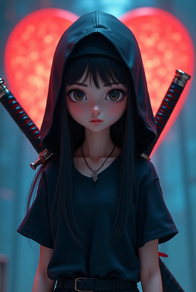 A girl wearing a black t-shirt and hood, long straight hair, big eyes, small necklace, ninja hat, red heart, bright blue heart background, Disney style, highly detailed, photorealistic, 8K, cinematic lighting, warm color palette, masterpiece and swords on her back like a ninja