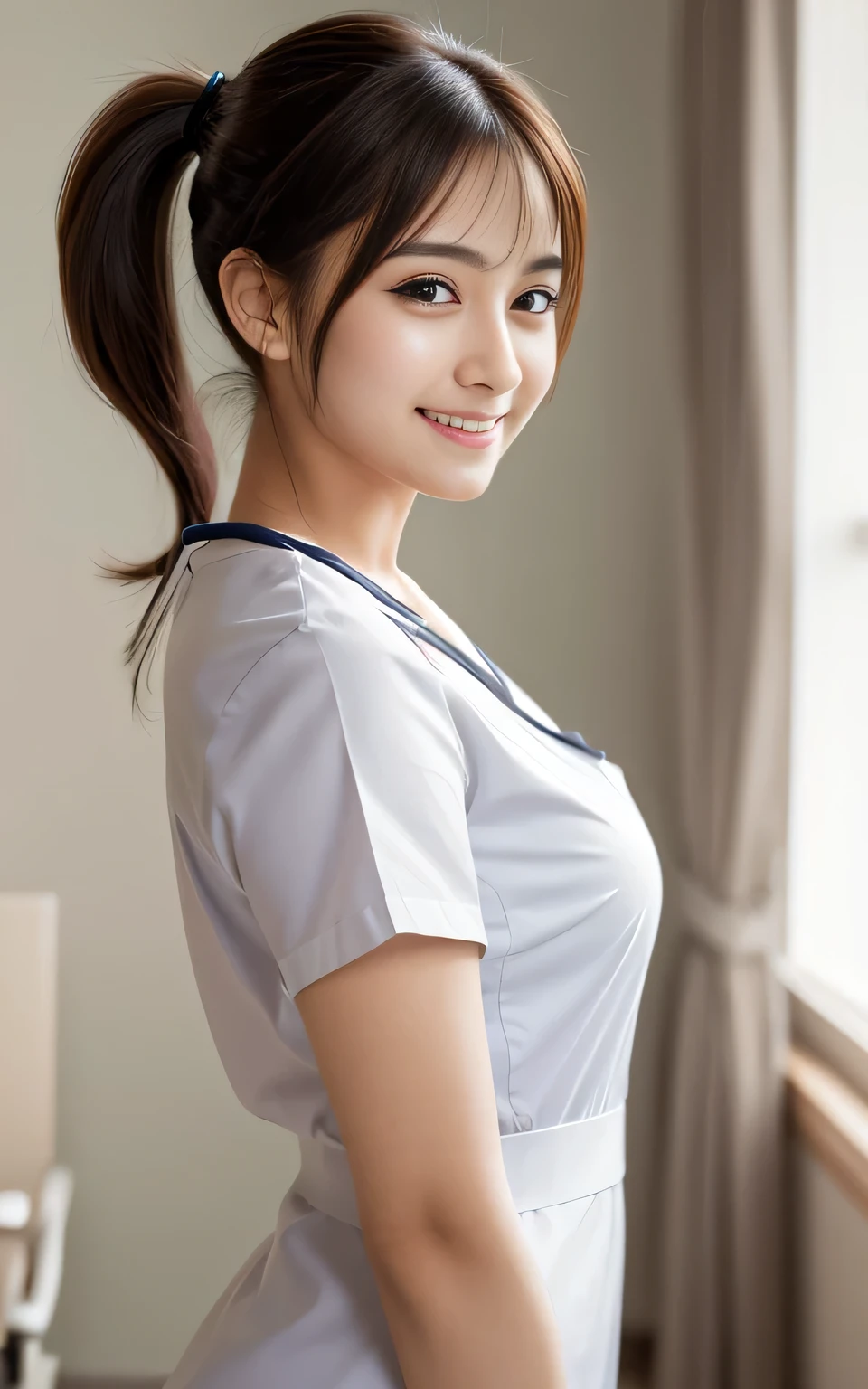 Beauty, high quality, Complete, In detail, High resolution, 8k wallpaper, whole body, Perfect dynamic composition, Beautiful attention to detail, Random poses, Charm, Alluring, 20 year's old, round face, (nurse), hospital , panty shot, pony tail, smile