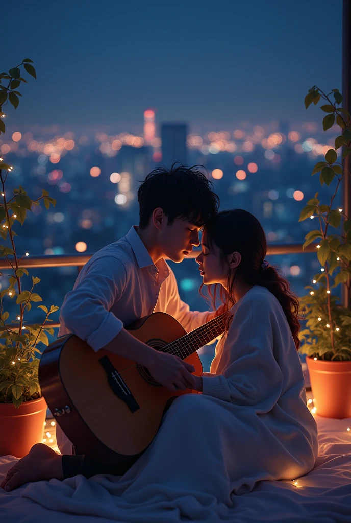 A couple sitting on a city rooftop under a blanket of stars, surrounded by potted plants and fairy lights. The guy is playing a guitar, while the girl rests her head on his shoulder, both lost in the moment. The distant city lights twinkle like stars on the ground.