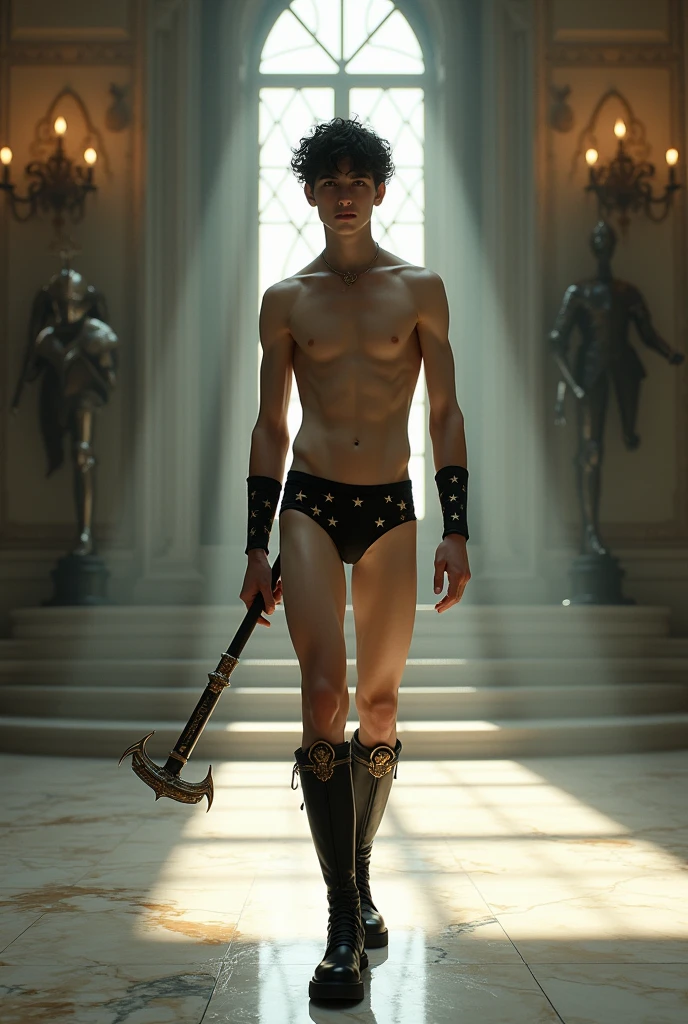 1boy, bulgej8, full body shot, full body angle visible from head to toe, full hd, arms detail, body detail, legs detail, face detail, feets detail, feet on the floor, hands detail, curly hair, shaggy hair, slender body, soft thin face, standing in dynamic pose, sword earrings in one ear, slip underwear with a thin stars print, black boots, with a small flail in his right hand, in a large castle room with medieval armor and weapons on the wall, marble floor, grand window in the background, bright place, dramatic lighting, full body, body hairless, dominating, white or white skin, boy soft face, gighly light, highly detailed, looking at the audience, photography, detailed skin, real person, crazy detail, hype maximization, lighting complex detail , Highly detailed, Digital painting, artstation, concept art, smooth, sharp focus, illustration, Unreal Engine 5, art by Ross Tran and Greg Rutkowski and Alphonse Mucha, Show men only .8k Ultra HD, dslr, dim lighting, high quality, film grain, Fujifilm XT3, 2-person, two-person model. hype surrealism, hype surrealism, by Shen Quan, perfect body, beautiful young male model, an attractive man 18-2 aesthetic, Sunshine sports student, asianboy, bulgej8, Noosphere, fantasy dark, light and cold aesthetics,