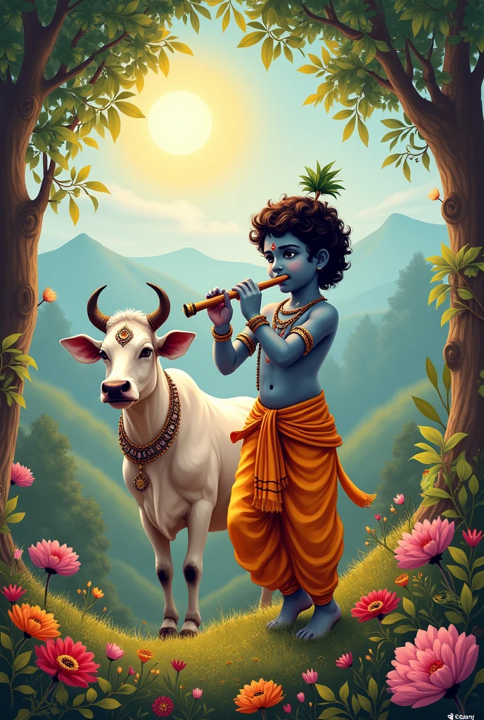 Krishna Janmashtami with bansuri and cow