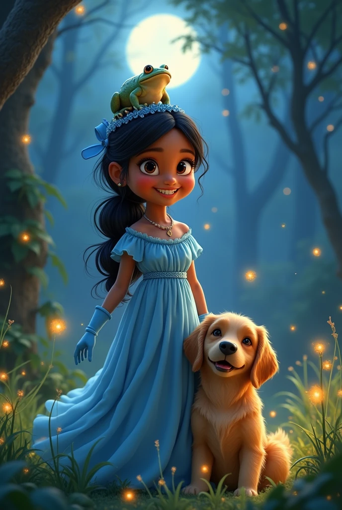 Girl with dark skin tone and black hair , dark eyes , Beautiful smile.with a golden retriever dog. Repesentavion pixar, light blue oversized dress ,spongy ,with a blue crown, blue gloves , in a forest with fireflies at night,with a toad on his head
