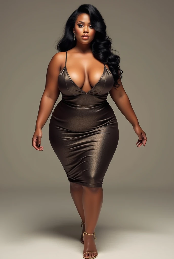 Woman with huge breasts and low-cut dress walking forward