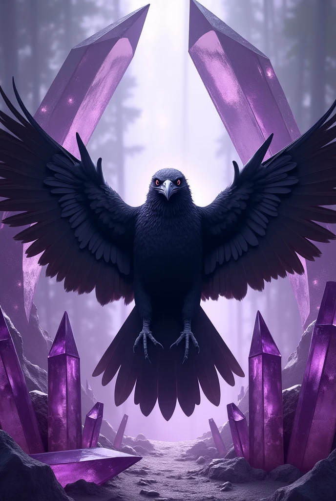 Raven with outstretched wings in the center, with a fan-shaped purple crystal environment