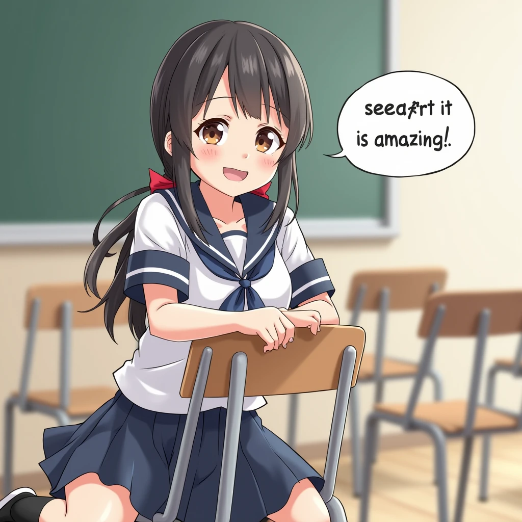 anime style. 1 girl is sitting in a chair facing backwards, legs open, school chair faces backwards, backrest is in front of her, she puts own arms over the back of the chair.
smiling.
She wears a white short sleeve serafuku with a navy blue sailor collar and blue ribbon.
She wears a navy-blue skirt, black high socks, indoor shoes.
Her hairstyle is a low twintails with red ribbon, Very long hair length, black hair.
pigtails, Hairstyle is not long hair, not high twintails, not half updo, not short twintails. yo, small breasts, dark brown eye.
classroom, indoors, school chair, school desk, blackboard.
day, summer.
speech bubble text "SeaArt Infinityってすごーい!".
Front view, from front, upper body, feet out of frame.