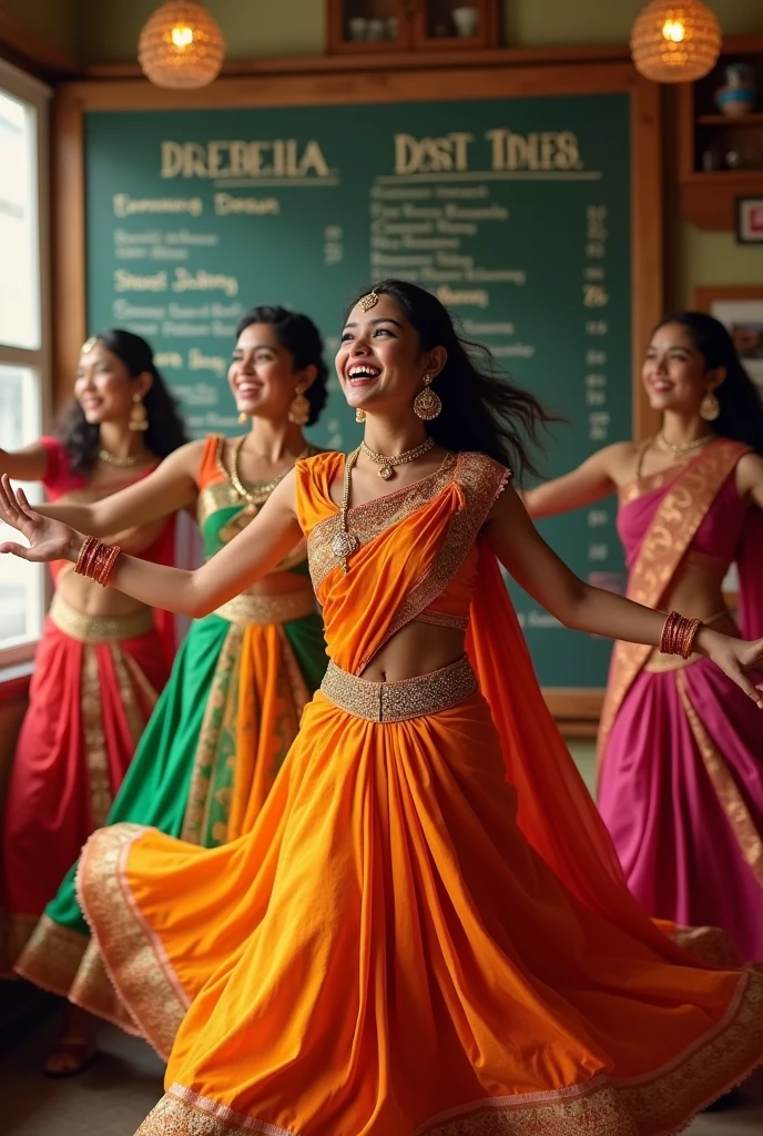 Girls wearing sari and dance... Show 1990's Cafe and restaurant board on background 
