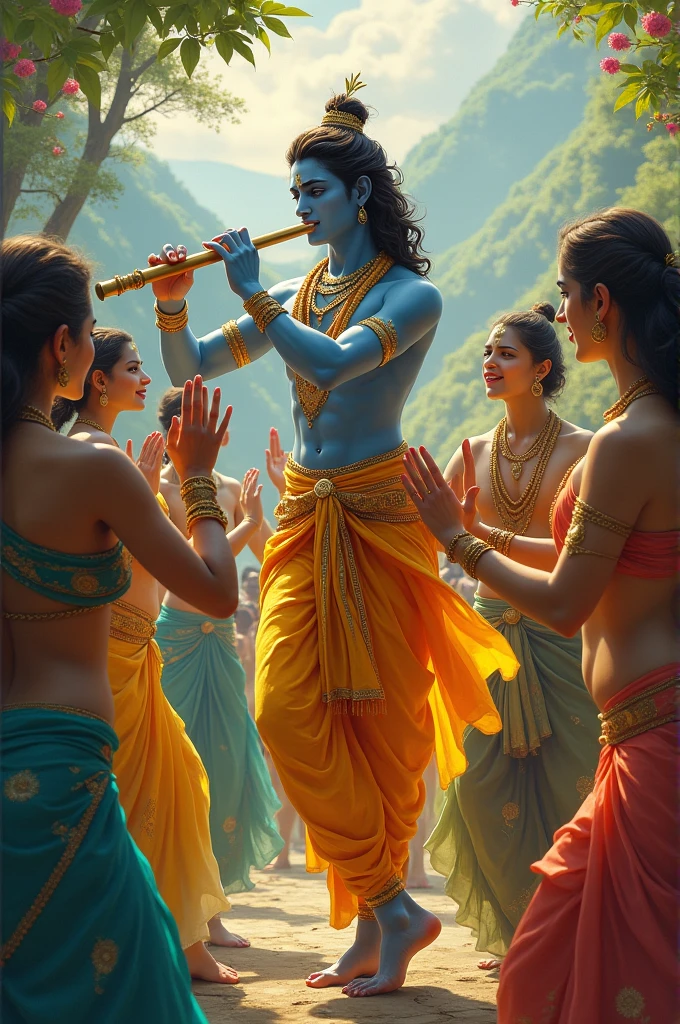God krishna flute and dancing with friends 