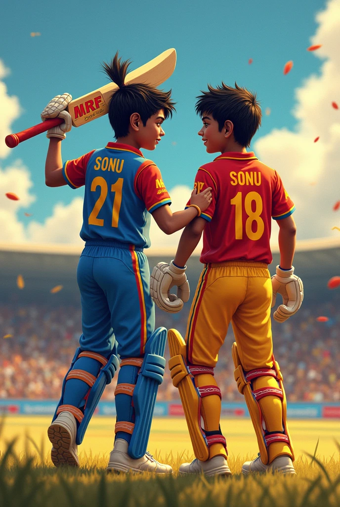 God krishn playing cricket his friend sonu
And both name printed on his tshirt
And bat printed logo mrf
Tshirt colour royal challengers Bangalore
Both tshirt printed name krishna and sonu
Jersey no. 21 and 18