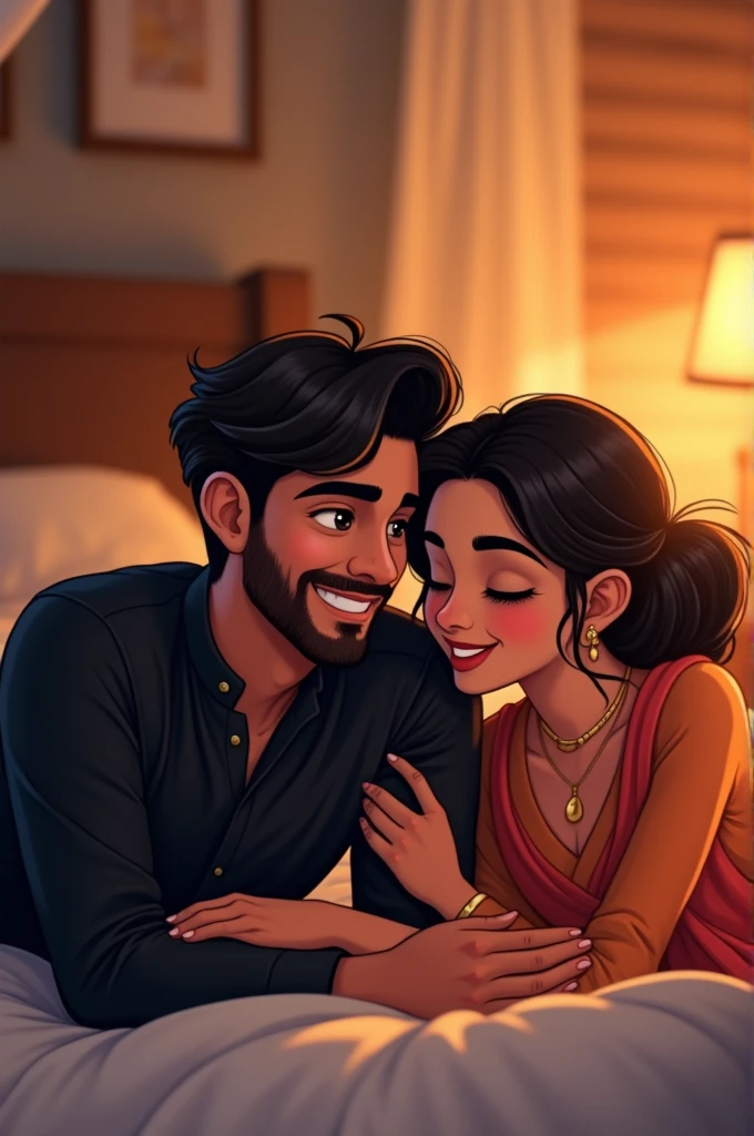 নিচের বিবরণটি ব্যবহার করে আপনি Zeography তে ডিজাইনটি সম্পাদনা করতে পারেন:
1. **পটভূমি**: একটি ঘরোয়া পরিবেশ, যেখানে একটি বিছানা রয়েছে।
2. **চরিত্র**:
- **ছেলে**: বিছানায় শুয়ে আছে, তার পরণে একটি ব্ল্যাক কালারের পাঞ্জাবি। তার মুখে উজ্জ্বল অনুভূতি ফুটিয়ে তোলা।
- **মেয়ে**: বিছানায় ছেলের পাশে শুয়ে আছে, তার পরণে একটি সারি (শাড়ি)। তার মুখেও উচ্ছ্বাস এবং আনন্দ ফুটিয়ে তোলা।
3. **অ্যাকশন**: ছেলে ও মেয়ে লিপ কিস করছে। তাঁদের মুখের কাছাকাছি, রোমান্টিক ও আন্তরিক ভাবের অঙ্গভঙ্গি।
4. **লেখা**:
- ডিজাইনের উপরের অংশে সুন্দর ও সুপাঠ্য ফন্টে লেখা থাকবে “Shakib + Srity”।
5. **স্টাইল**:
- ছবির মোটমাট আলো ও রঙগুলো উজ্জ্বল এবং স্নিগ্ধ রাখতে হবে যাতে প্রেমময় এবং রোমান্টিক পরিবেশ তৈরি হয়।