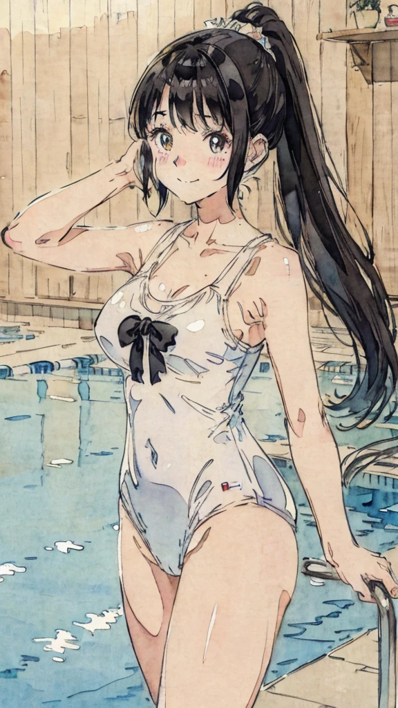 Watercolor style、pale colour、Hand-drawn style、high school girl、smile、Embarrassed、blush、Black Hair、ponytail、Big Breasts、Black school swimsuit、Armpits、Indoor swimming pool