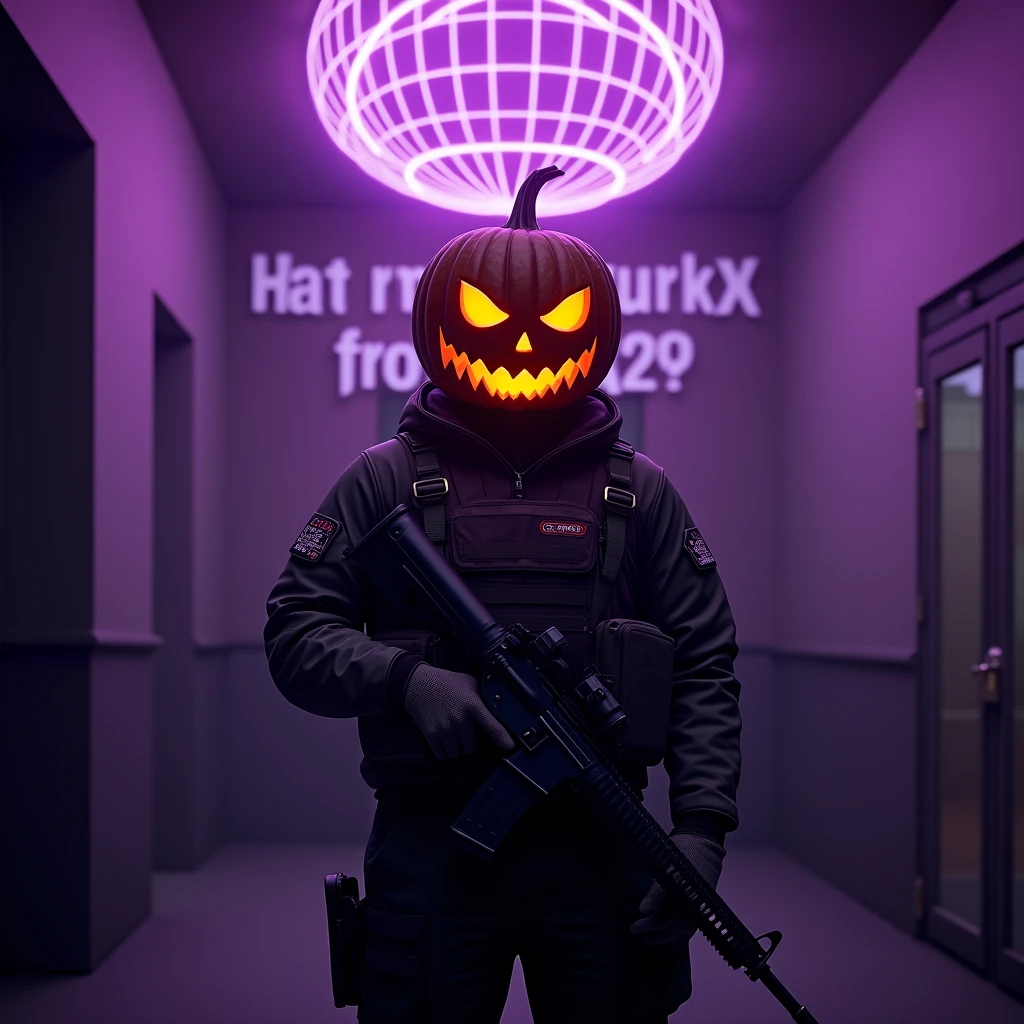 One character wearing a jack-o'-lantern、Equipped with a tactical jacket and rifle、Purple light pours down from the mirror ball above.。.、In the background, it says "HAGUKIX from a29" in large letters.