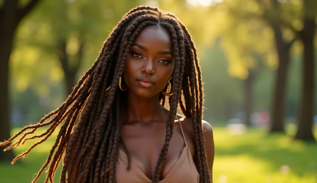A stunningly beautiful African American woman with long brown dreadlocks with highlights on the ends in walking through the park looking sexy & sensual, realistic
