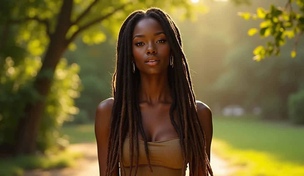 A stunningly beautiful African American woman with long brown dreadlocks with highlights on the ends in walking through the park looking sexy & sensual, realistic