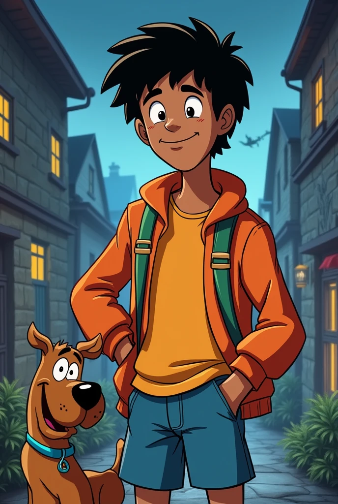 teenage male character, 2d style of the Scooby Doo 1970s series gang, brown skin and very short hair cut on the sides, curly type 3a black