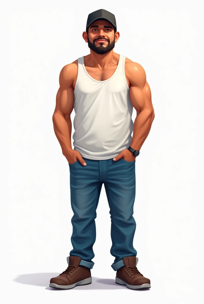 drawning, bright coloured, naughty man, 30years, 70 kilos, short stature, stark, Seriously, light brown, Black cap, white tank top, blue jeans, Brown Shoe, goatee, apocalypse survivor, white background, fully body 