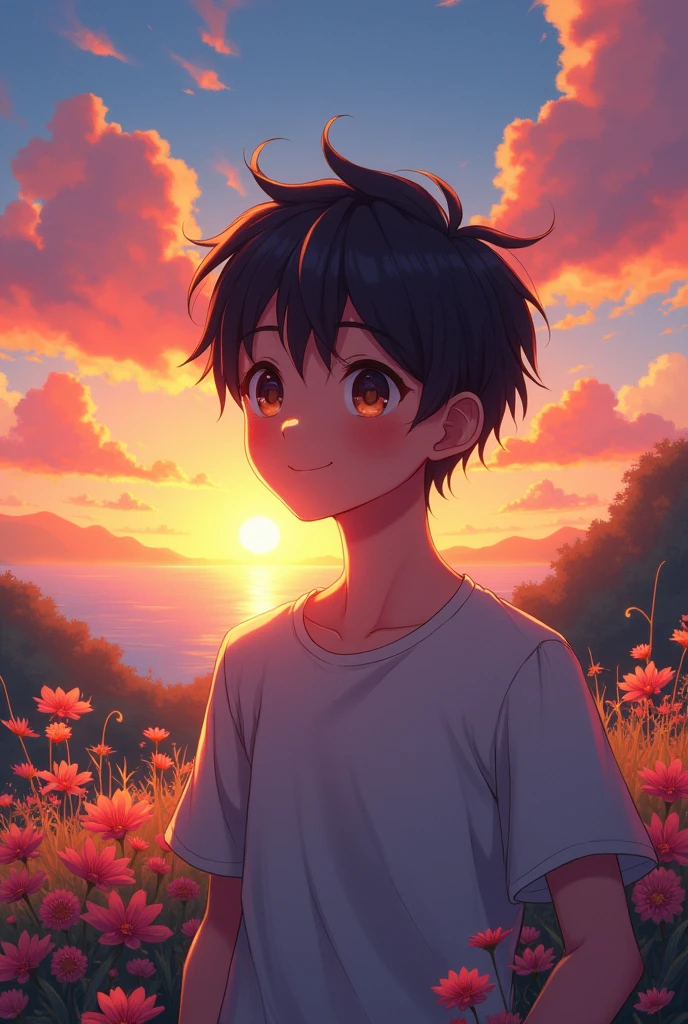 A anime boy with sunset and   and smile