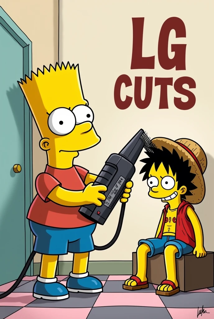 Bart Simpsons with the hair cutting machine in his right hand cutting Luffy&#39;s hair in the background with the words LG cuts written on it