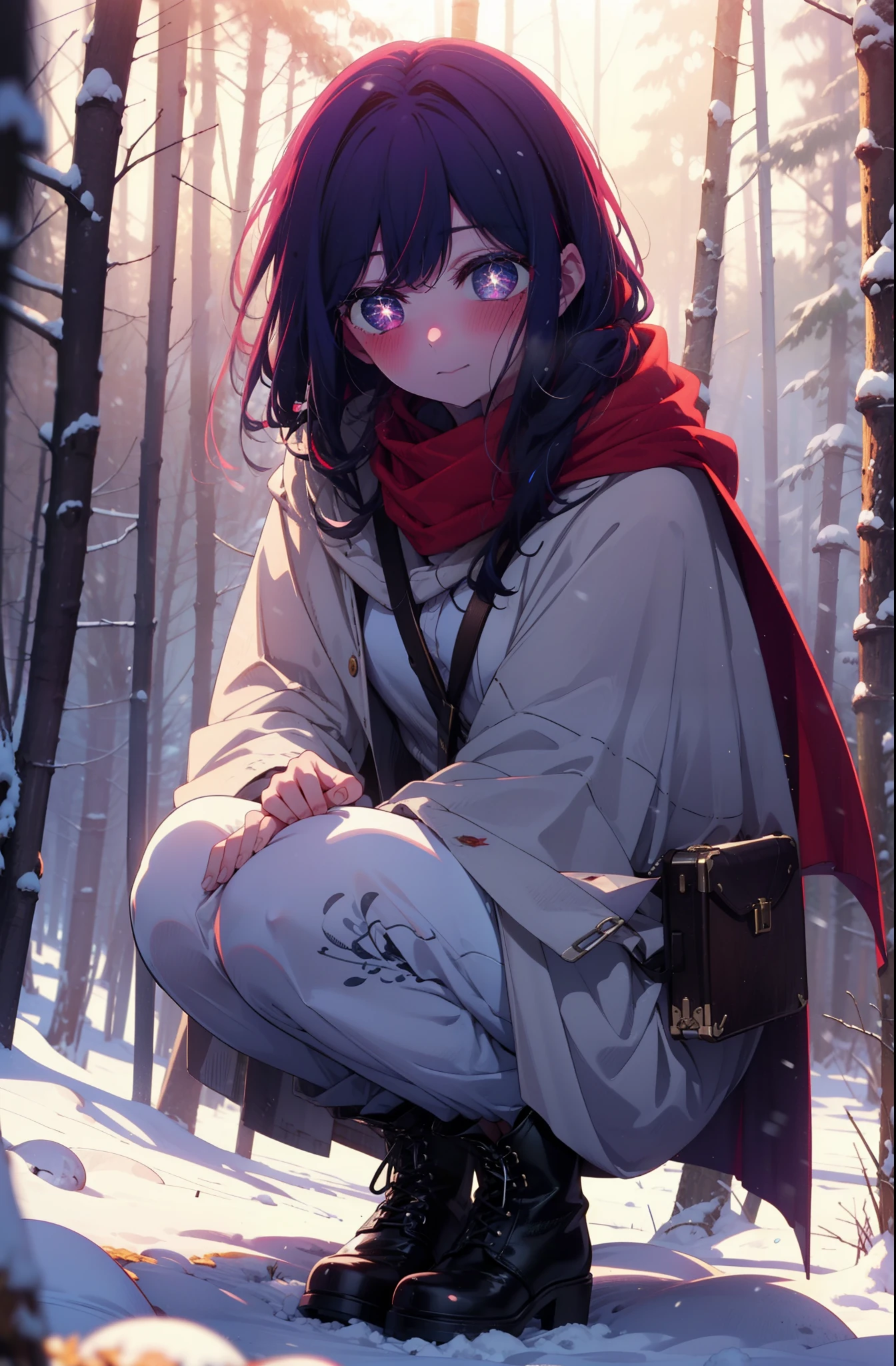 aihoshino, Ai Hoshino, Long Hair, bangs, (Purple eyes:1.1), Purple Hair, (Symbol-shaped pupil:1.5), smile,,smile,blush,white breath,
Open your mouth,snow,Ground bonfire, Outdoor, boots, snowing, From the side, wood, suitcase, Cape, Blurred, , forest, White handbag, nature,  Squat, Mouth closed, Cape, winter, Written boundary depth, Black shoes, red Cape break looking at viewer, Upper Body, whole body, break Outdoor, forest, nature, break (masterpiece:1.2), Highest quality, High resolution, unity 8k wallpaper, (shape:0.8), (Beautiful and beautiful eyes:1.6), Highly detailed face, Perfect lighting, Extremely detailed CG, (Perfect hands, Perfect Anatomy),