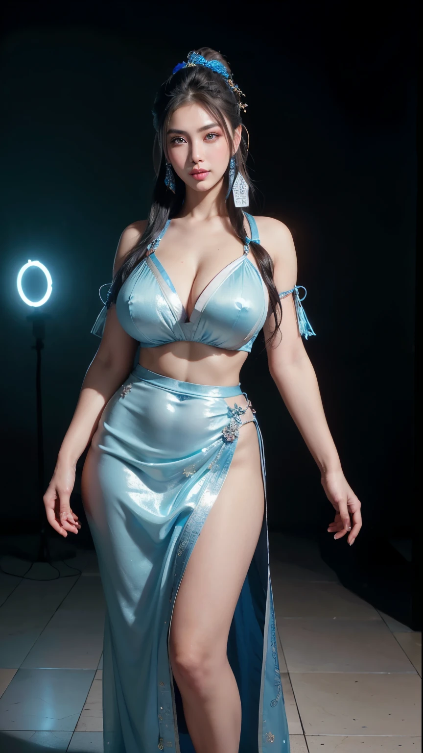 A luminous Chinese beauty from ancient dynasties (221 BCE - 220 CE) stands majestically against a neutral background, her vibrant white-blue twotone attire radiating an otherworldly aura. David Lachapelle's lens captures the frozen moment of her polished body, Si-fi graphics luminescent attire, and captivating gaze meeting the camera with unflinching intensity. reflected light liquid metal fabric attire, 8K resolution reveals razor-sharp features, high-contrast details, and Traditional Chinese hairstyles, while a subtle sheen on her lips hints at the application of Traditional lipstick, spiritual cosmic to realistic, reflected light Glass hair pin , full body