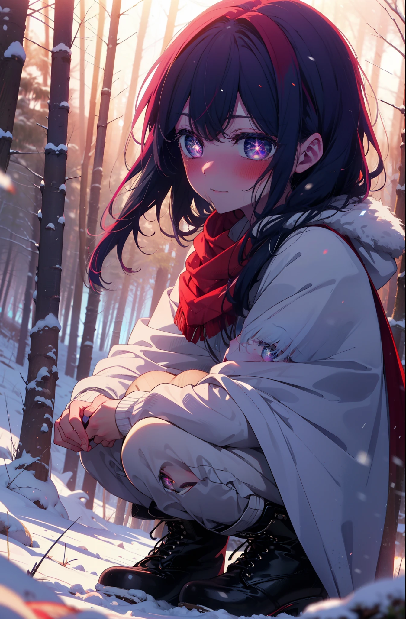 aihoshino, Ai Hoshino, Long Hair, bangs, (Purple eyes:1.1), Purple Hair, (Symbol-shaped pupil:1.5), smile,,smile,blush,white breath,
Open your mouth,snow,Ground bonfire, Outdoor, boots, snowing, From the side, wood, suitcase, Cape, Blurred, , forest, White handbag, nature, Squat, Mouth closed, Cape, winter, Written boundary depth, Black shoes, red Cape break looking at viewer, Upper Body, whole body, break Outdoor, forest, nature, break (masterpiece:1.2), Highest quality, High resolution, unity 8k wallpaper, (shape:0.8), (Beautiful and beautiful eyes:1.6), Highly detailed face, Perfect lighting, Extremely detailed CG, (Perfect hands, Perfect Anatomy),