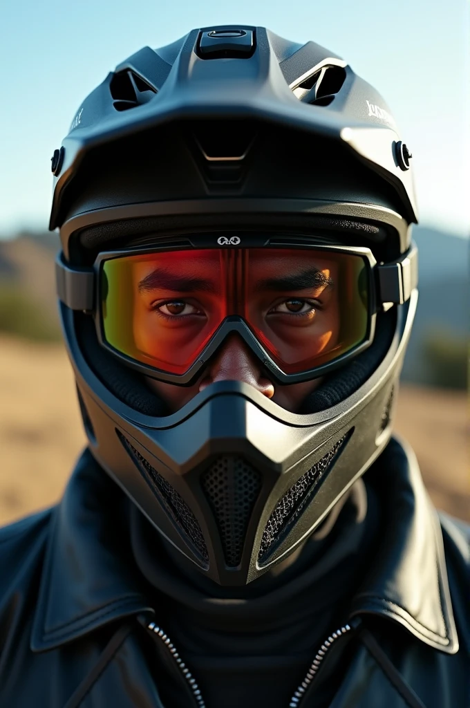 A selfie of a dark-skinned man wearing a black motocross helmet with dark green details, polarized motocross goggles . The helmet, The glasses completely cover his face and nose... The scene takes place outdoors, in natural daylight, with an open landscape in the background showing distant trees and hills, leather jacket