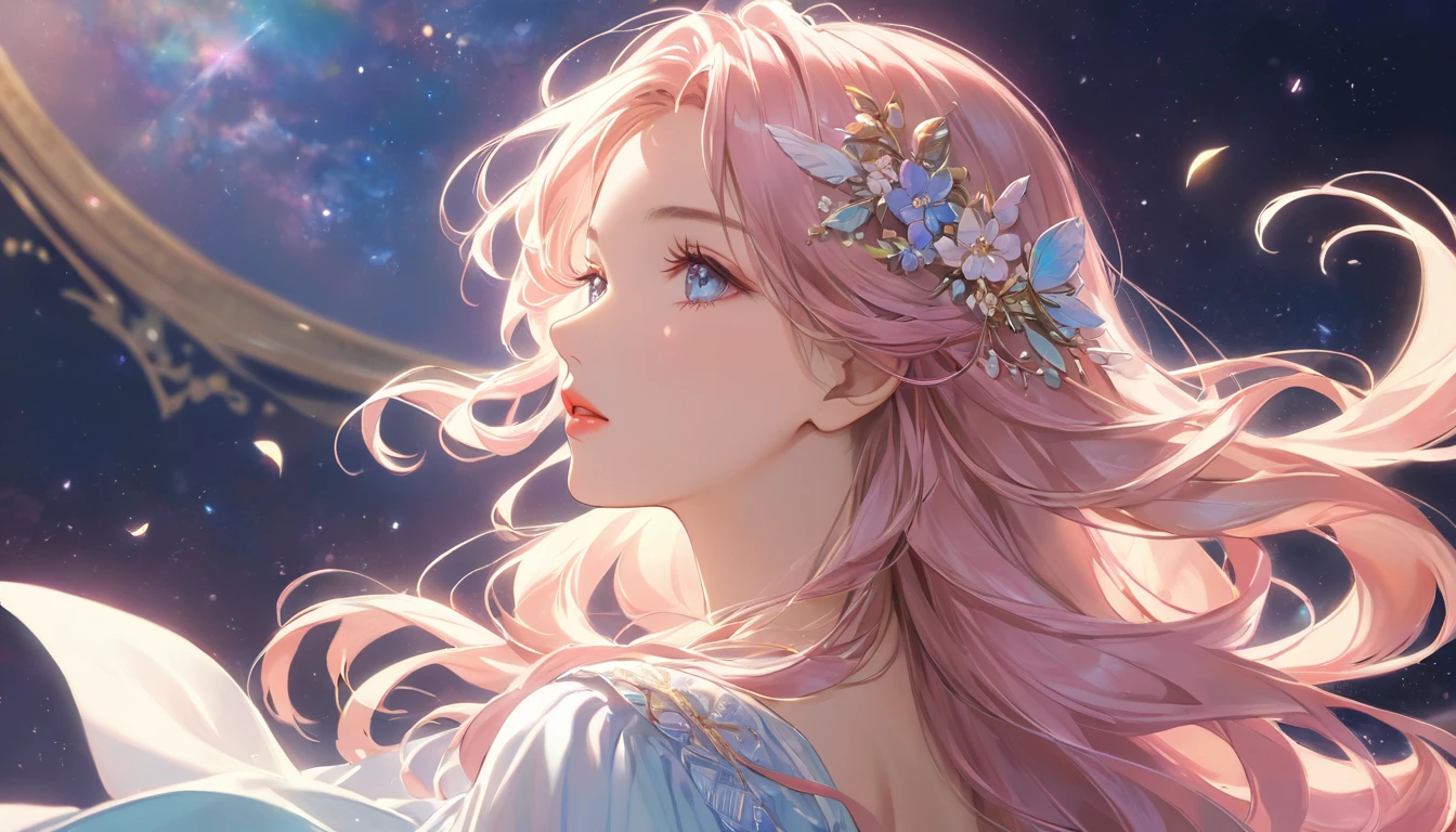 A woman lost in thought, gaze directed skyward, anime style, white background, detailed face, long flowing hair, elegant pose, beautiful detailed eyes, beautiful detailed lips, extremely detailed face and features, cinematic lighting, soft pastel colors, delicate, ethereal