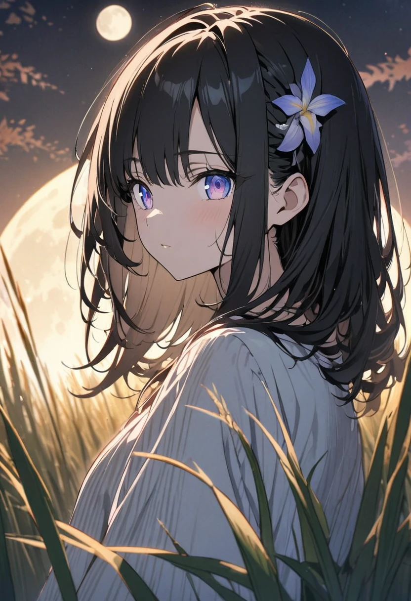 Moon Reading、Iris、Beautiful eyes、Big eyes、Tree Eyes、Sidelong glance、Black Hair、Full moon in the background、Pampas grass field、Beautiful hair ornament、anime、Masterpiece、Colored pencil、Half Body Up、