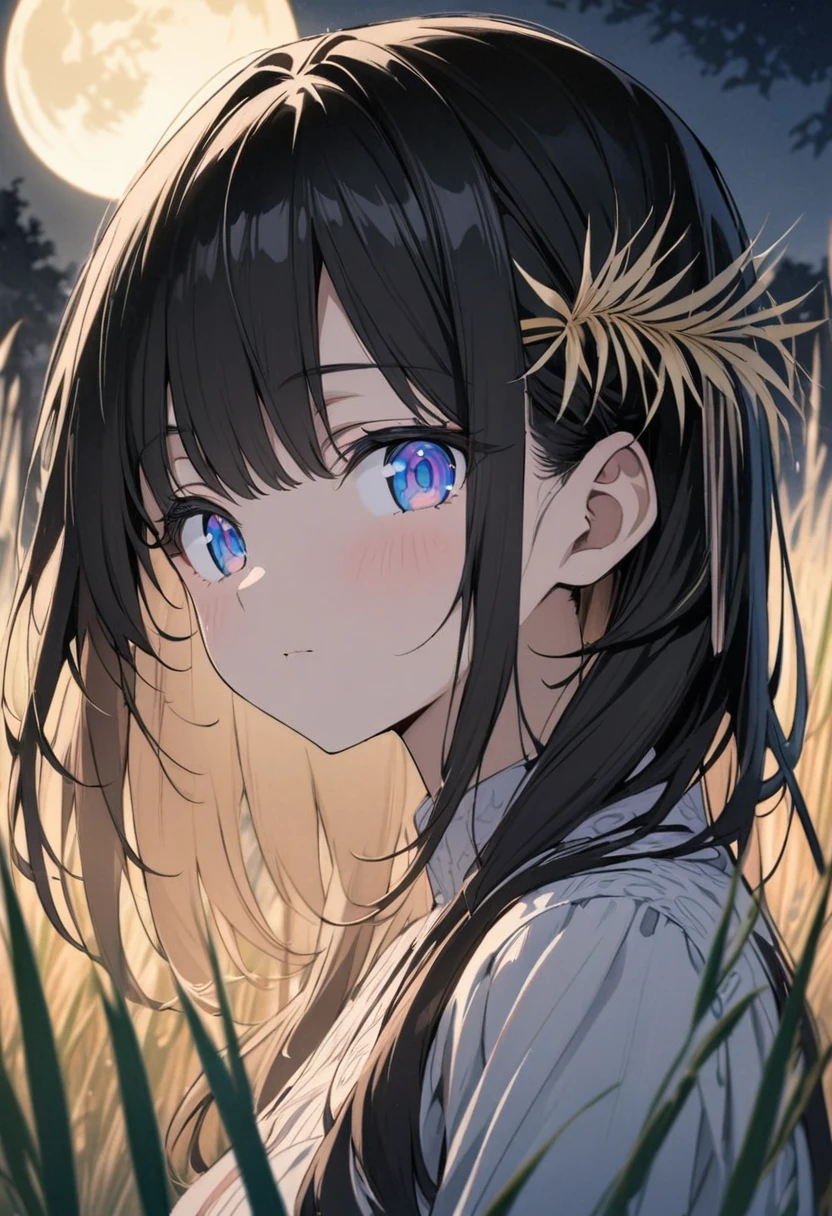 Moon Reading、Iris、Beautiful eyes、Big eyes、Tree Eyes、Sidelong glance、Black Hair、Full moon in the background、Pampas grass field、Beautiful hair ornament、anime、Masterpiece、Colored pencil、Half Body Up、