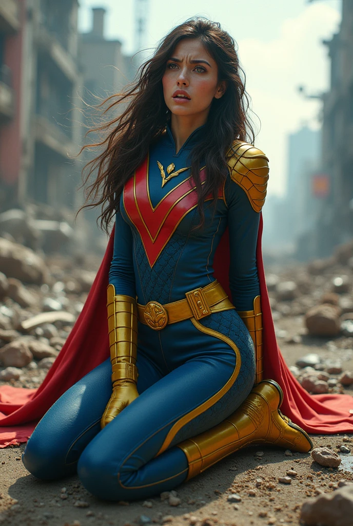 (((A beautiful long black haired woman on her knees screaming exhausted after an extensive battle ((((((Red V-shaped diaema with a yellow v in the center of the diaema ))))))Under the cloak of Big Barda light eyes her superheroine costume is samurai themed. Her usual costume is a blue leather jumpsuit with scales all over the suit and a gold armor corset over her jumpsuit, thick red belt, burnt yellow boots and gloves on a large, high-cylinder futuristic motorcycle in an apocalyptic city with a lot of destruction.))),(((without cape))),(((side preview))),(((without cape)))