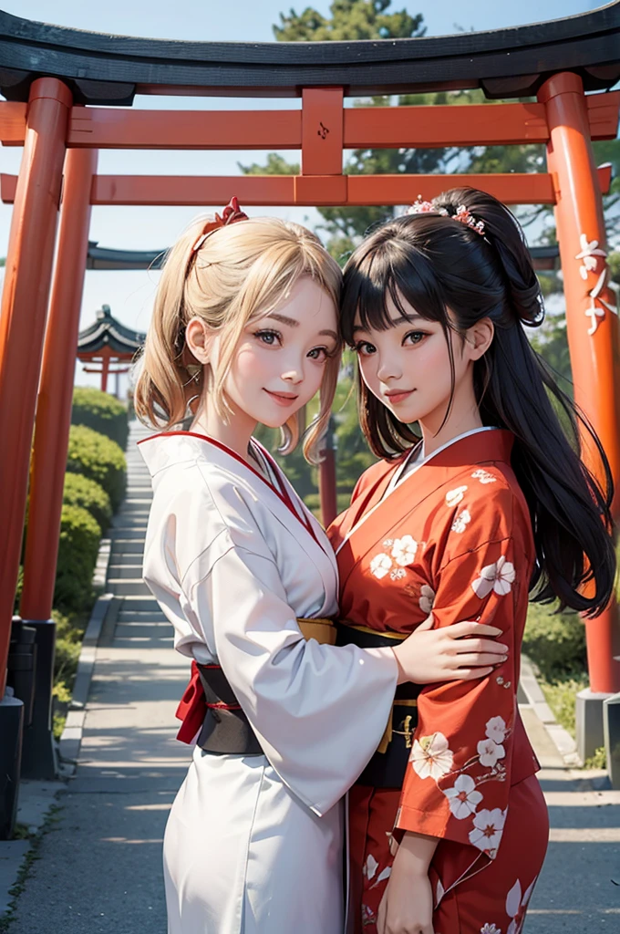 Two beautiful girls in kimonos are looking at each other in front of the torii gate of a shrine, smiling and looking happy with their faces close together