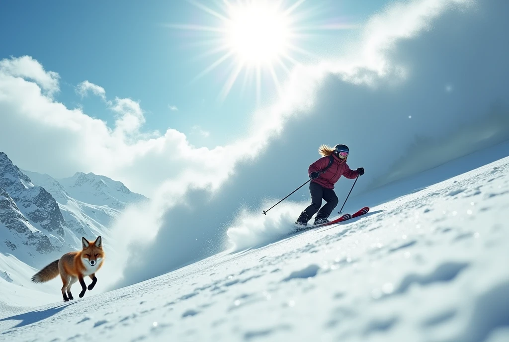 Professional photography, A female skier skis down the snowy mountain, leaving ski tracks behind her. A massive avalanche like a tsunami is approaching directly behind her. In the foreground, a fox can be seen flying away from the avalanche. The dynamic movements of the avalanche and the skier. A tense scene. wide shot, from below, deep focus, bokeh effect, sunlight scattering, hyper Realistic, Professional photography, Cinema Lighting