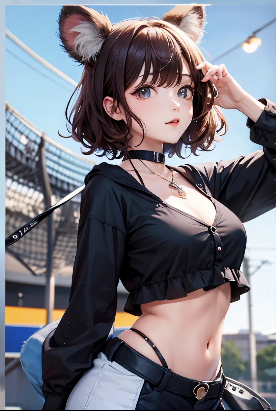 Top quality, highly detailed, UHD, idol, playing at an amusement park, cute and beautiful anthropomorphic koala girl with brown curly bob hair wearing a heart-shaped choker, casual clothes